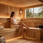 Relaxing sauna 3D interior showcasing warm ambiance and natural decor.