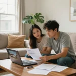We buy houses for cash discussion in a cozy living room with a young couple reviewing offers.