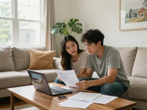 We buy houses for cash discussion in a cozy living room with a young couple reviewing offers.