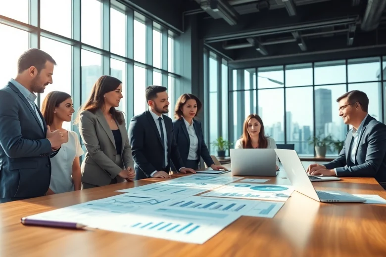 Team strategizing on b2b competitive intelligence in a modern office.