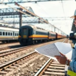 Railroad Engineering expert analyzing tracks in a vibrant train yard setting.