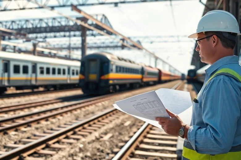 Railroad Engineering expert analyzing tracks in a vibrant train yard setting.