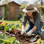 Gardener planting rabarber stekken kopen in spring garden with colorful blooms.