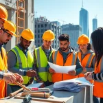 Engaged trainees in construction apprenticeship collaborating on urban projects.