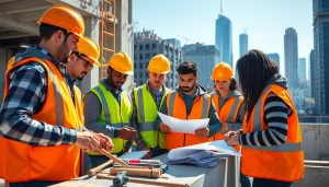 Engaged trainees in construction apprenticeship collaborating on urban projects.