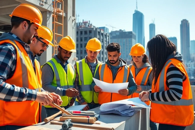 Engaged trainees in construction apprenticeship collaborating on urban projects.