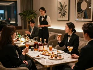 Experience the exclusive ambiance of 강남쩜오 with elegant patrons and beautiful hostesses enjoying high-quality service.