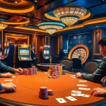 Intense gambling at nhà cái thabet poker table with vibrant atmosphere and colorful chips.