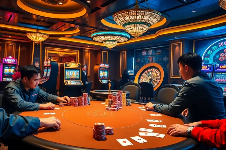 Intense gambling at nhà cái thabet poker table with vibrant atmosphere and colorful chips.