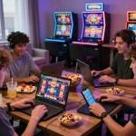 Exciting online gaming scene with vegasslot77 slot machines and friends enjoying a vibrant atmosphere.