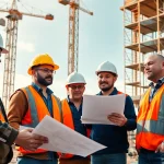 Construction association workers coordinating tasks at a lively construction site