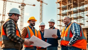 Construction association workers coordinating tasks at a lively construction site