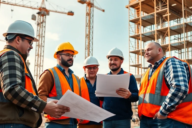 Construction association workers coordinating tasks at a lively construction site