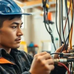 Electrician apprenticeship in action as an apprentice connects wiring in a well-lit workshop.