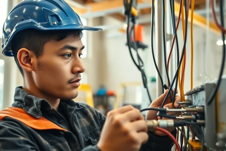 Electrician apprenticeship in action as an apprentice connects wiring in a well-lit workshop.