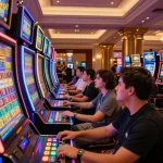 Excited players engaging at slot machines with colorful displays and vibrant lighting.