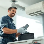 Expert technician performing Dryer Vent Repair in a modern home, ensuring safe airflow.
