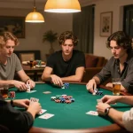 Friends passionately engaged in a poker game at home, showcasing strategic gameplay, promoting mahjong ways 2.