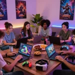 Friends enjoying an exciting gaming experience with VEGASSLOT77 in a cozy living room.
