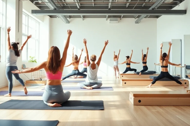 マットとリフォーマーを使用する多様な参加者がいる魅力的なピラティスクラス。ピラティス おすすめを強調。