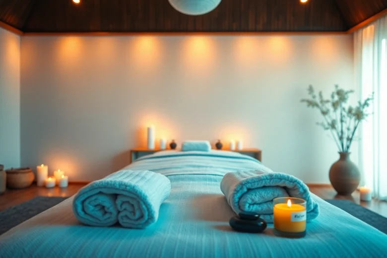 아로마 향초와 부드러운 조명이 있는 편안한 마사지룸에서 울산마사지 치료를 받는 모습.