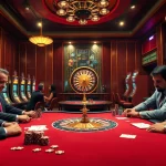 Joueurs engagés à une table de poker de casino en ligne luxueuse, entourés de machines à sous vibrantes.