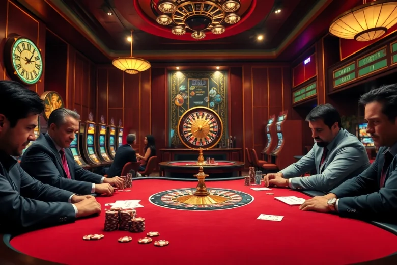 Joueurs engagés à une table de poker de casino en ligne luxueuse, entourés de machines à sous vibrantes.