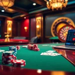Vivez l'excitation du casino en ligne à une table de poker dynamique avec des jetons colorés.