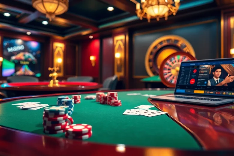 Vivez l'excitation du casino en ligne à une table de poker dynamique avec des jetons colorés.