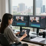 Content creator using the video to prompt tool in a modern workspace with dual monitors and natural light.