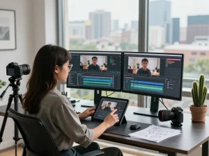 Content creator using the video to prompt tool in a modern workspace with dual monitors and natural light.