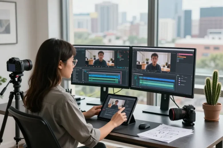Content creator using the video to prompt tool in a modern workspace with dual monitors and natural light.