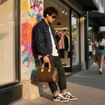 Stylish individual showcasing luxury replica handbag in an urban setting, reflecting trends in the 레플리카 사이트 market.