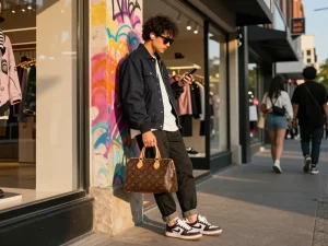 Stylish individual showcasing luxury replica handbag in an urban setting, reflecting trends in the 레플리카 사이트 market.
