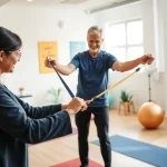 Senior physiotherapy Edmonton session with a therapist assisting a senior patient.