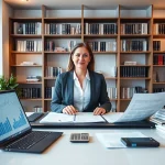 Usługi księgowe: Profesjonalna księgowa Marzena Owczarzak w nowoczesnym biurze, z raportami finansowymi i widokiem na miasto.