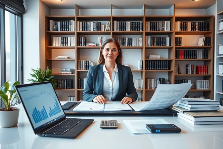 Usługi księgowe: Profesjonalna księgowa Marzena Owczarzak w nowoczesnym biurze, z raportami finansowymi i widokiem na miasto.