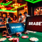 Exciting gambling scene showcasing BRABET logo on a smartphone amidst casino chips and cards.