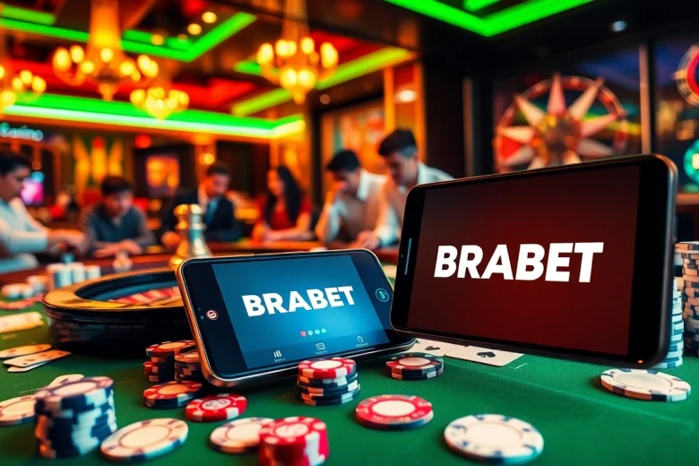 Exciting gambling scene showcasing BRABET logo on a smartphone amidst casino chips and cards.