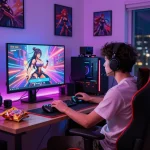 Immersive gaming scene with a player engaged in a sex simulator, vibrant LED lights, and cozy atmosphere.