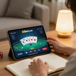 Engaging user interacting with 88bet com poker interface on a tablet in a cozy living room.