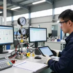 Engineer assessing Endress Hauser flow meter in advanced manufacturing setting with digital data screens.