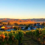 Vibrant landscape of Clarksburg California with vineyards, showcasing warm golden sunset light.