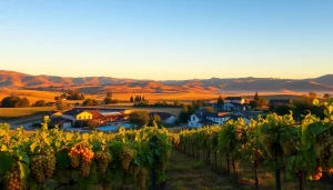 Vibrant landscape of Clarksburg California with vineyards, showcasing warm golden sunset light.