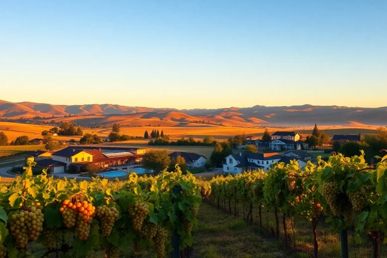 Vibrant landscape of Clarksburg California with vineyards, showcasing warm golden sunset light.