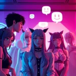 Engaging chat scene with diverse NSFW AI characters in a futuristic virtual environment.