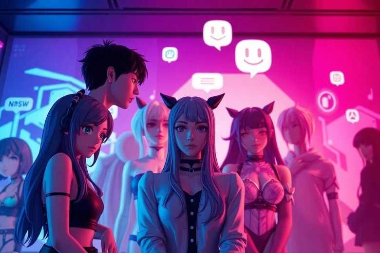 Engaging chat scene with diverse NSFW AI characters in a futuristic virtual environment.