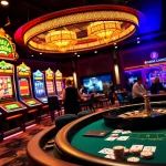 Scène de jeu passionnante de casino en ligne avec des machines à sous colorées, une table de poker et une roulette.