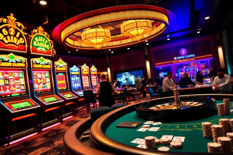 Scène de jeu passionnante de casino en ligne avec des machines à sous colorées, une table de poker et une roulette.
