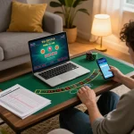 An engaged user strategizing at home while playing blackjack on https://n188.build/, showcasing online gambling's thrill.